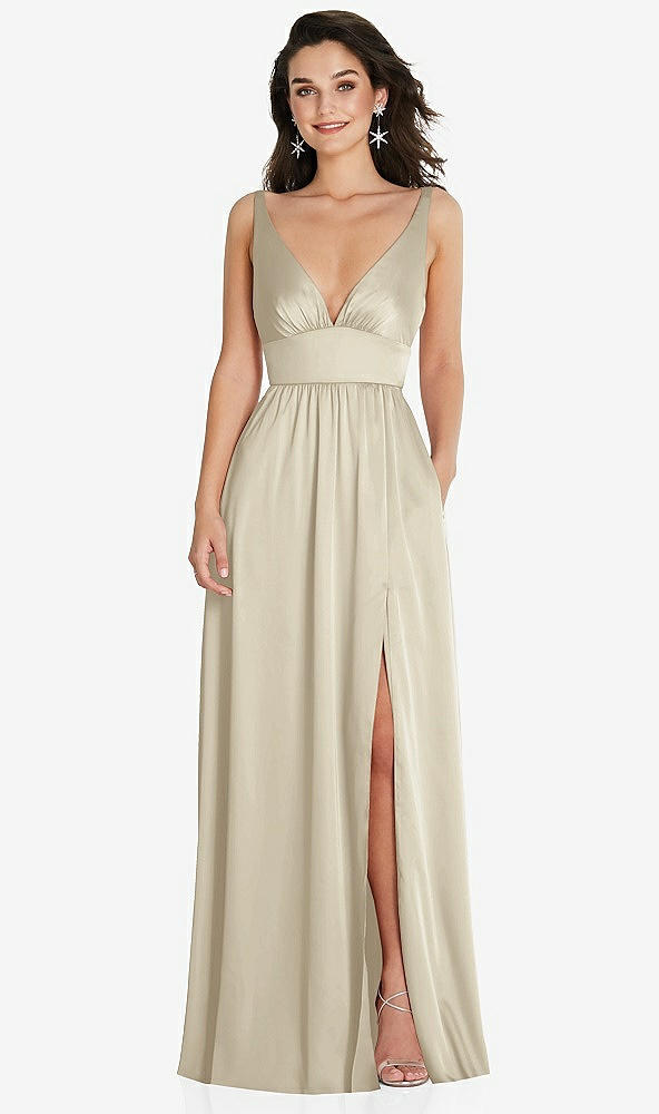 Front View - Champagne Deep V-Neck Shirred Skirt Maxi Dress with Convertible Straps