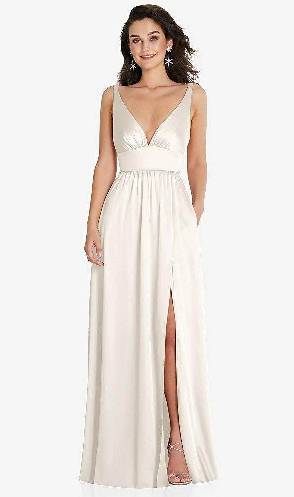 Front View - Ivory Deep V-Neck Shirred Skirt Maxi Dress with Convertible Straps