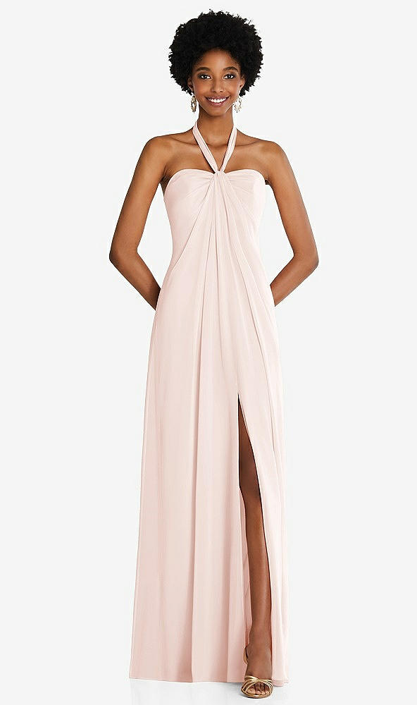 Front View - Blush Draped Chiffon Grecian Column Gown with Convertible Straps
