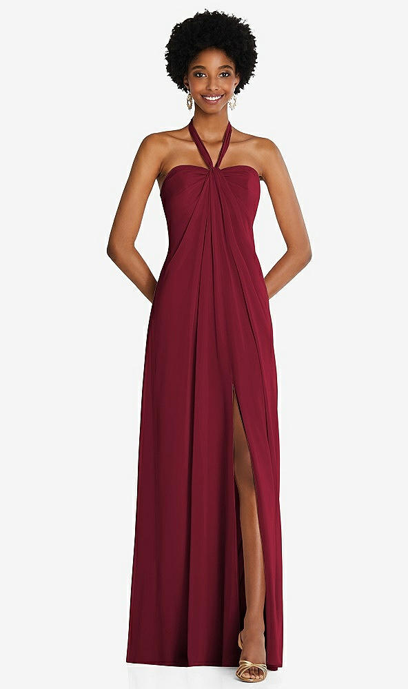 Front View - Burgundy Draped Chiffon Grecian Column Gown with Convertible Straps
