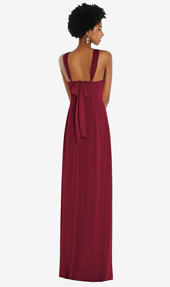 Back View - Burgundy Draped Chiffon Grecian Column Gown with Convertible Straps