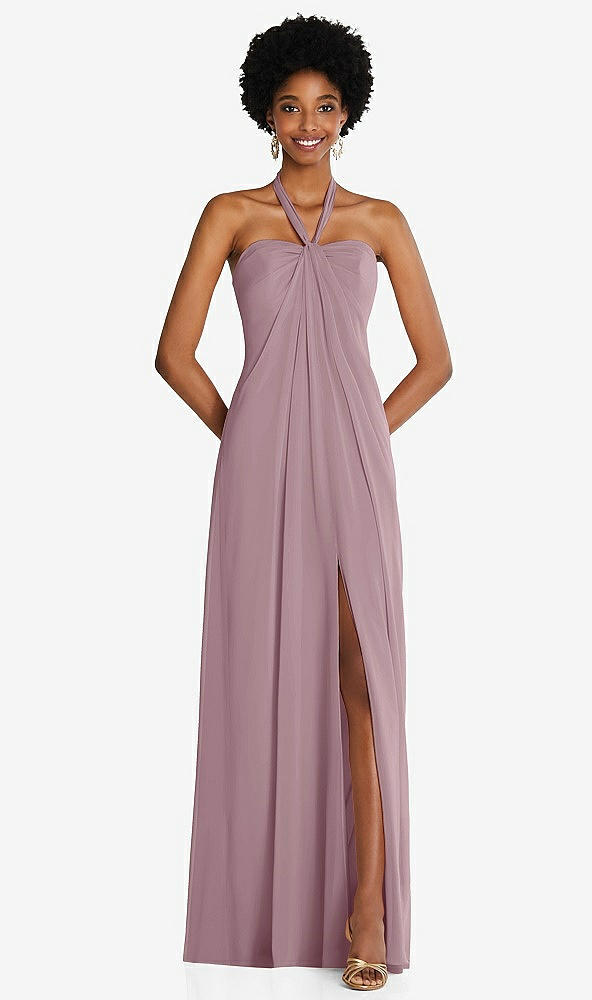 Front View - Dusty Rose Draped Chiffon Grecian Column Gown with Convertible Straps