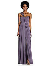 Alt View 1 Thumbnail - Lavender Draped Chiffon Grecian Column Gown with Convertible Straps