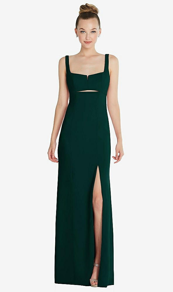 Front View - Evergreen Wide Strap Slash Cutout Empire Dress with Front Slit