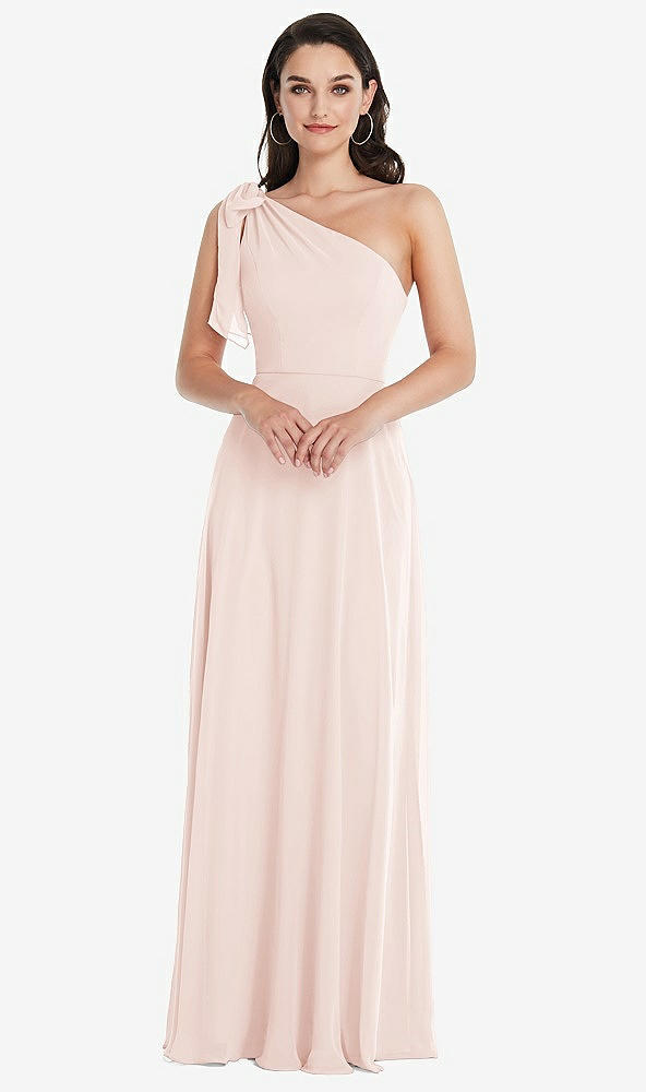 Front View - Blush Draped One-Shoulder Maxi Dress with Scarf Bow