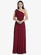 Front View Thumbnail - Burgundy Draped One-Shoulder Maxi Dress with Scarf Bow