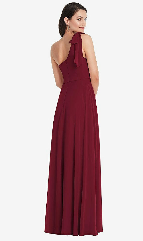 Back View - Burgundy Draped One-Shoulder Maxi Dress with Scarf Bow