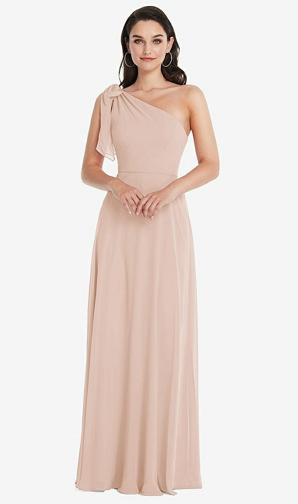 Front View - Cameo Draped One-Shoulder Maxi Dress with Scarf Bow