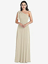 Front View Thumbnail - Champagne Draped One-Shoulder Maxi Dress with Scarf Bow