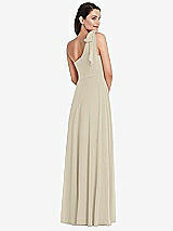 Rear View Thumbnail - Champagne Draped One-Shoulder Maxi Dress with Scarf Bow