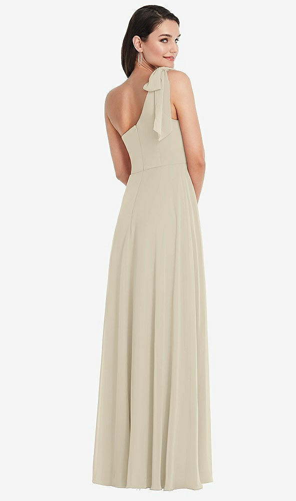 Back View - Champagne Draped One-Shoulder Maxi Dress with Scarf Bow