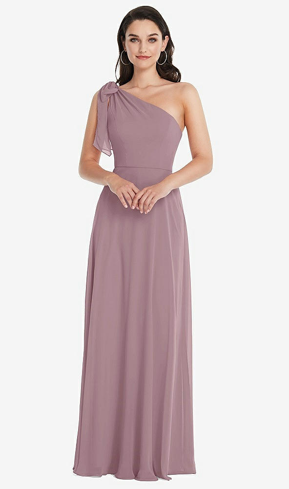 Front View - Dusty Rose Draped One-Shoulder Maxi Dress with Scarf Bow
