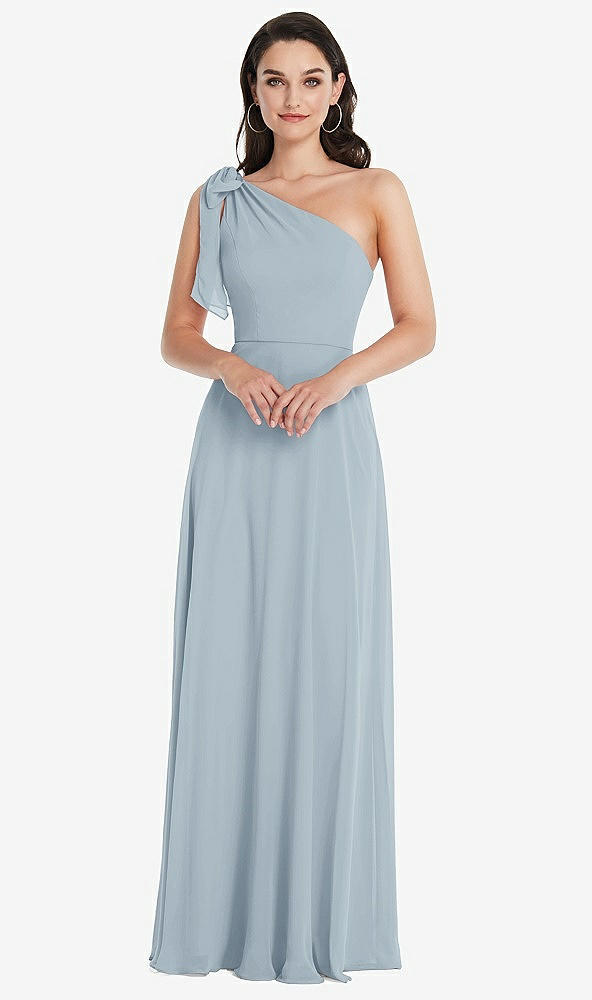 Front View - Mist Draped One-Shoulder Maxi Dress with Scarf Bow