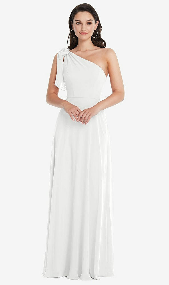 Front View - White Draped One-Shoulder Maxi Dress with Scarf Bow