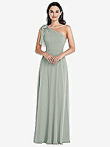 Front View Thumbnail - Willow Green Draped One-Shoulder Maxi Dress with Scarf Bow