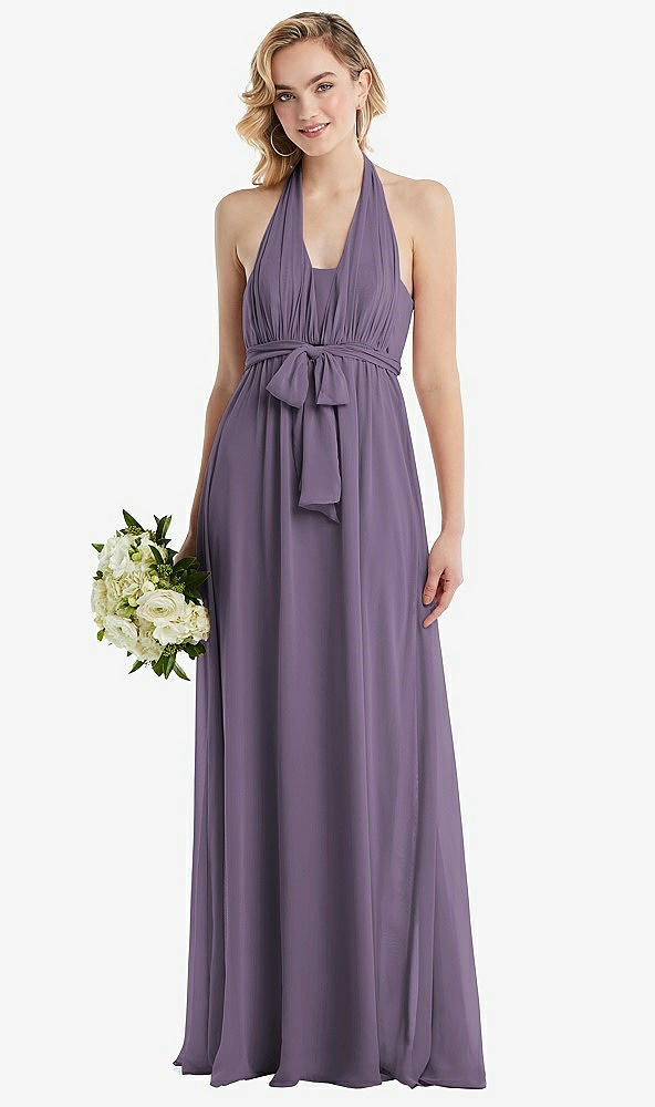 Front View - Lavender Empire Waist Shirred Skirt Convertible Sash Tie Maxi Dress