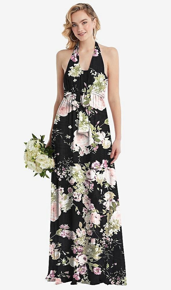 Front View - Noir Garden Empire Waist Shirred Skirt Convertible Sash Tie Maxi Dress