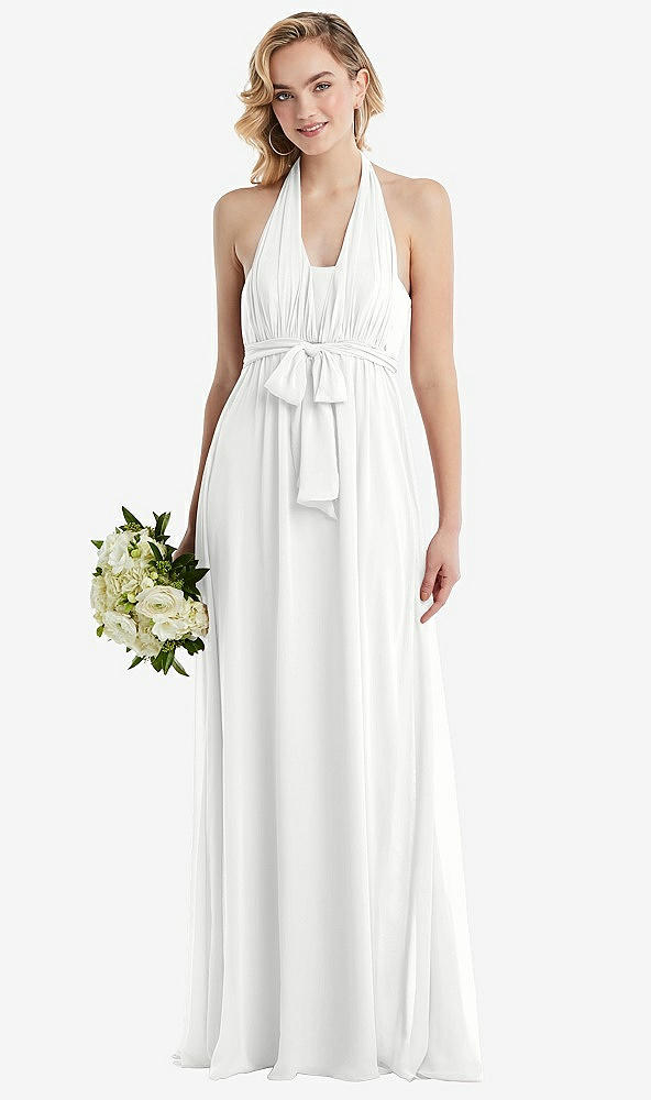 Front View - White Empire Waist Shirred Skirt Convertible Sash Tie Maxi Dress