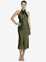 Front View Thumbnail - Olive Green Scarf Tie Stand Collar Midi Bias Dress with Front Slit