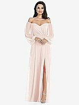 Front View Thumbnail - Blush Off-the-Shoulder Puff Sleeve Maxi Dress with Front Slit