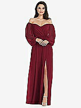 Front View Thumbnail - Burgundy Off-the-Shoulder Puff Sleeve Maxi Dress with Front Slit