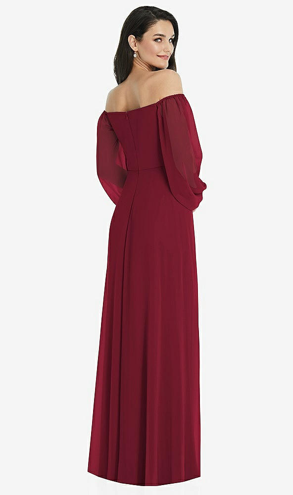 Back View - Burgundy Off-the-Shoulder Puff Sleeve Maxi Dress with Front Slit