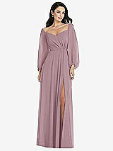 Alt View 1 Thumbnail - Dusty Rose Off-the-Shoulder Puff Sleeve Maxi Dress with Front Slit