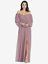 Front View Thumbnail - Dusty Rose Off-the-Shoulder Puff Sleeve Maxi Dress with Front Slit