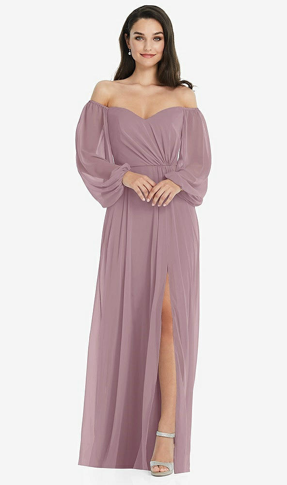 Front View - Dusty Rose Off-the-Shoulder Puff Sleeve Maxi Dress with Front Slit