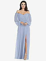 Front View Thumbnail - Sky Blue Off-the-Shoulder Puff Sleeve Maxi Dress with Front Slit