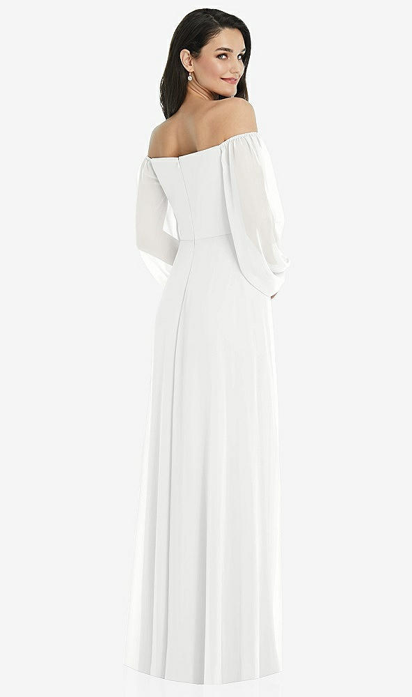 Back View - White Off-the-Shoulder Puff Sleeve Maxi Dress with Front Slit