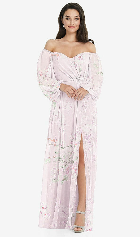 Front View - Watercolor Print Off-the-Shoulder Puff Sleeve Maxi Dress with Front Slit