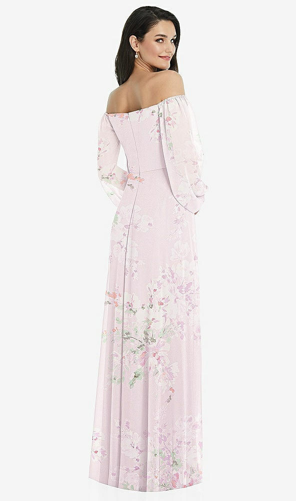 Back View - Watercolor Print Off-the-Shoulder Puff Sleeve Maxi Dress with Front Slit