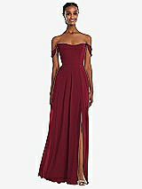 Front View Thumbnail - Burgundy Off-the-Shoulder Basque Neck Maxi Dress with Flounce Sleeves