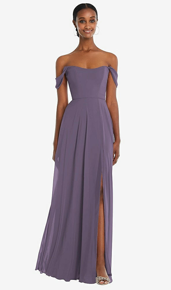 Front View - Lavender Off-the-Shoulder Basque Neck Maxi Dress with Flounce Sleeves