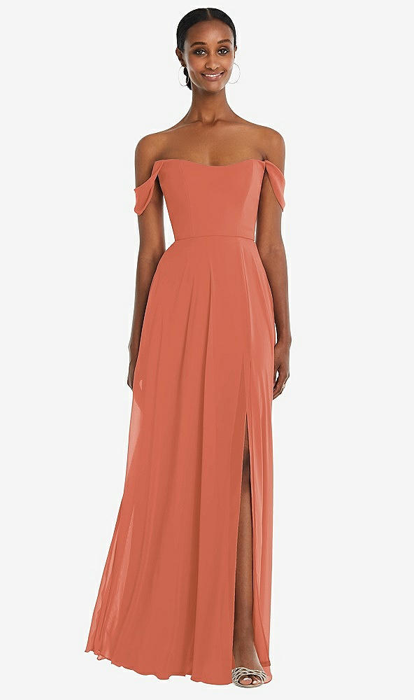 Front View - Terracotta Copper Off-the-Shoulder Basque Neck Maxi Dress with Flounce Sleeves
