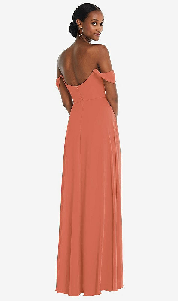 Back View - Terracotta Copper Off-the-Shoulder Basque Neck Maxi Dress with Flounce Sleeves