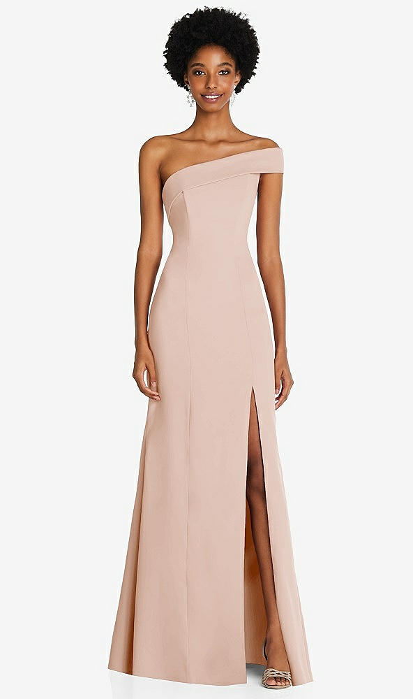Front View - Cameo Asymmetrical Off-the-Shoulder Cuff Trumpet Gown With Front Slit