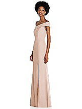 Side View Thumbnail - Cameo Asymmetrical Off-the-Shoulder Cuff Trumpet Gown With Front Slit