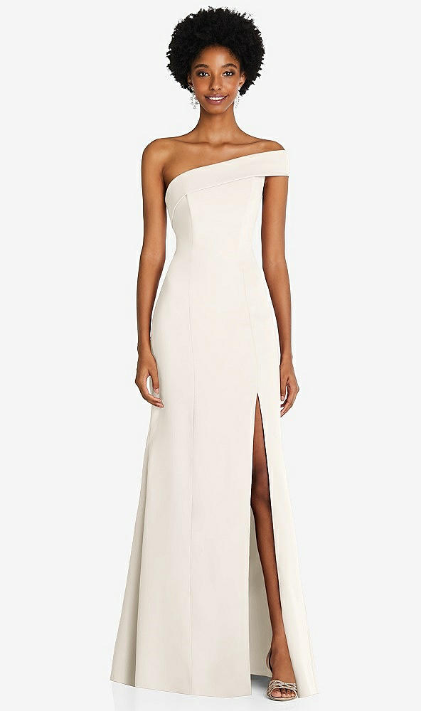 Front View - Ivory Asymmetrical Off-the-Shoulder Cuff Trumpet Gown With Front Slit