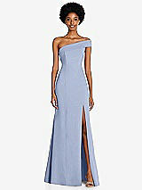 Front View Thumbnail - Sky Blue Asymmetrical Off-the-Shoulder Cuff Trumpet Gown With Front Slit