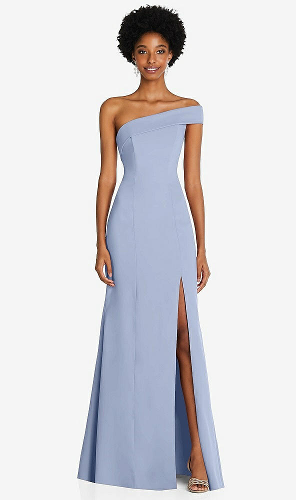 Front View - Sky Blue Asymmetrical Off-the-Shoulder Cuff Trumpet Gown With Front Slit