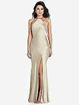 Front View Thumbnail - Champagne Halter Convertible Strap Bias Slip Dress With Front Slit