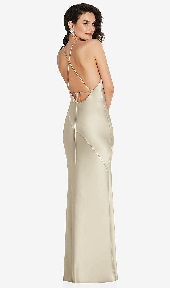 Back View - Champagne Halter Convertible Strap Bias Slip Dress With Front Slit