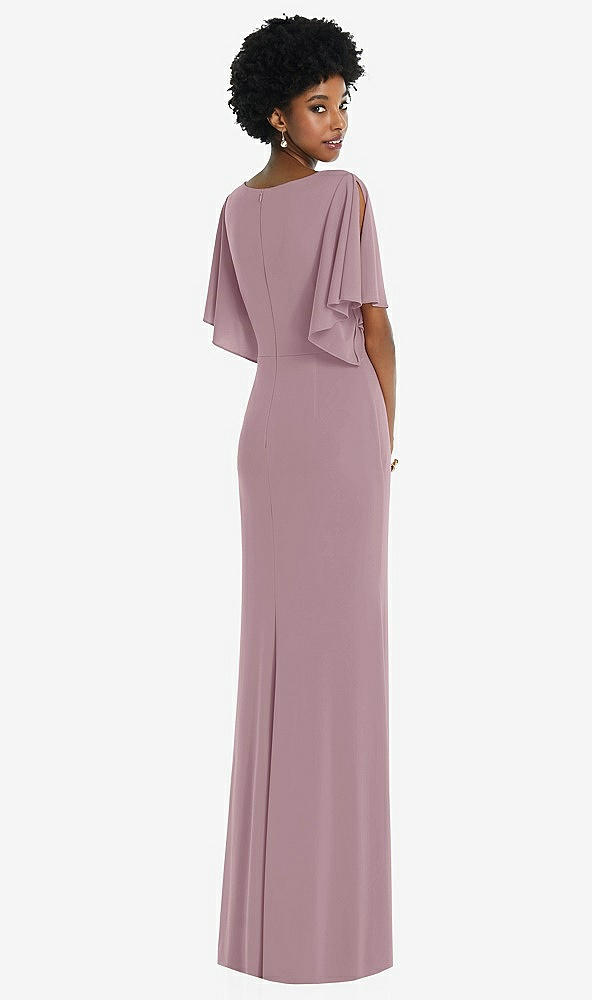 Back View - Dusty Rose Faux Wrap Split Sleeve Maxi Dress with Cascade Skirt