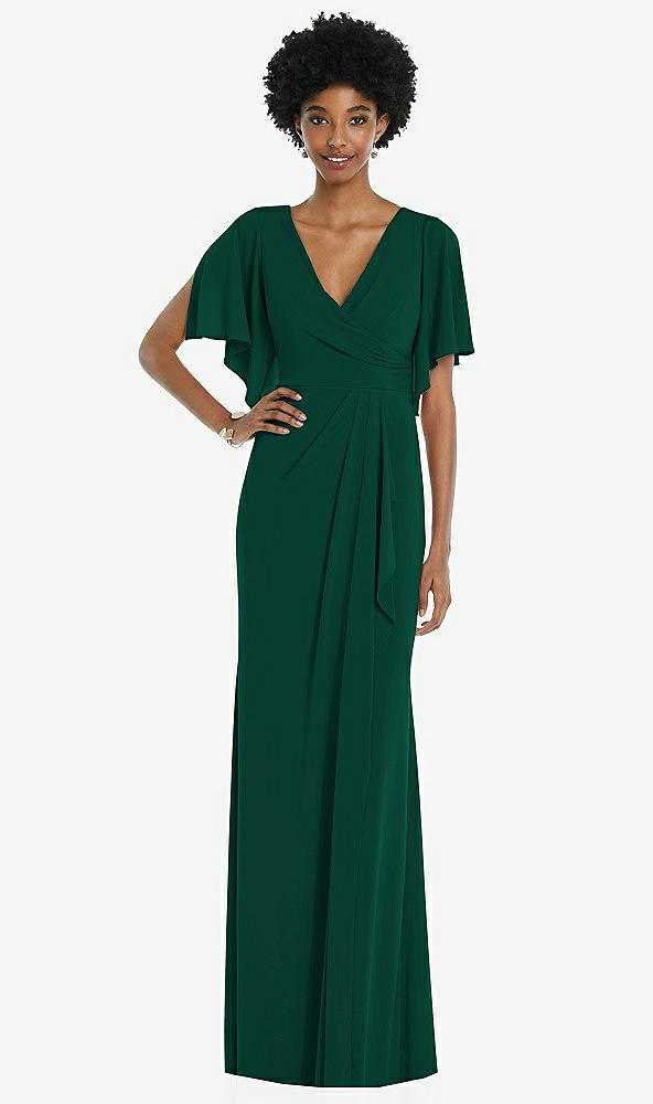 Front View - Hunter Green Faux Wrap Split Sleeve Maxi Dress with Cascade Skirt