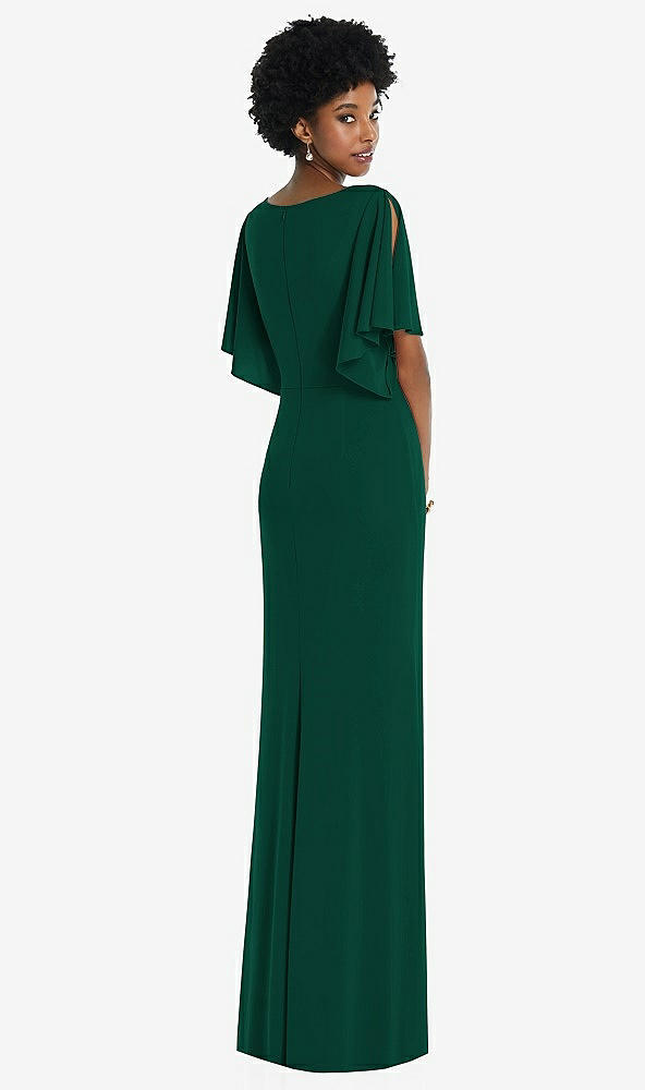 Back View - Hunter Green Faux Wrap Split Sleeve Maxi Dress with Cascade Skirt