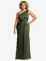 Front View Thumbnail - Olive Green One-Shoulder Draped Twist Empire Waist Trumpet Gown