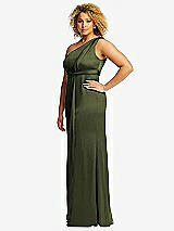 Side View Thumbnail - Olive Green One-Shoulder Draped Twist Empire Waist Trumpet Gown