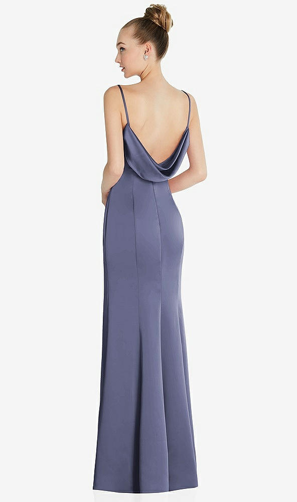 Back View - French Blue Draped Cowl-Back Princess Line Dress with Front Slit